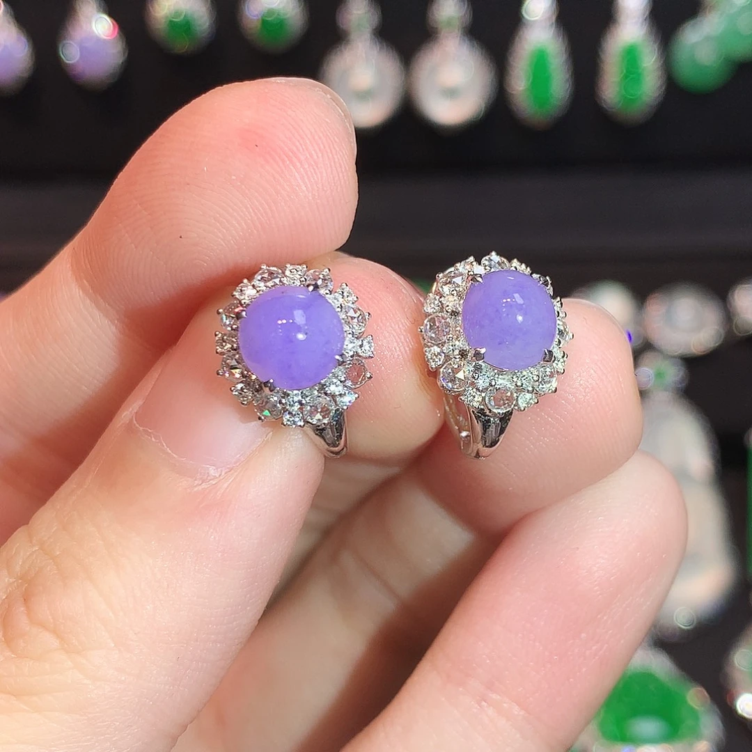 翡翠18K金镶嵌耳饰紫罗兰红椿紫蛋面耳包