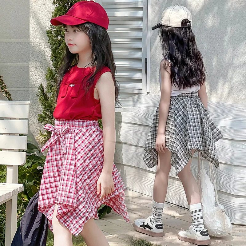 女童夏季无袖套装裙新款洋气中大童背心不规则裙子韩系时尚两件套