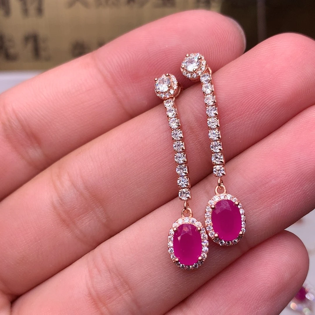 红宝石耳饰银S925镶嵌