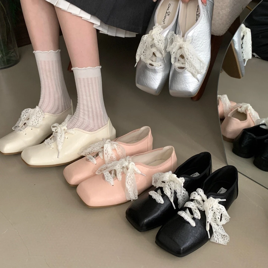 OKLEIBO莱宝家 芭蕾风系带蝴蝶结单鞋女法式平底休闲方头小皮鞋