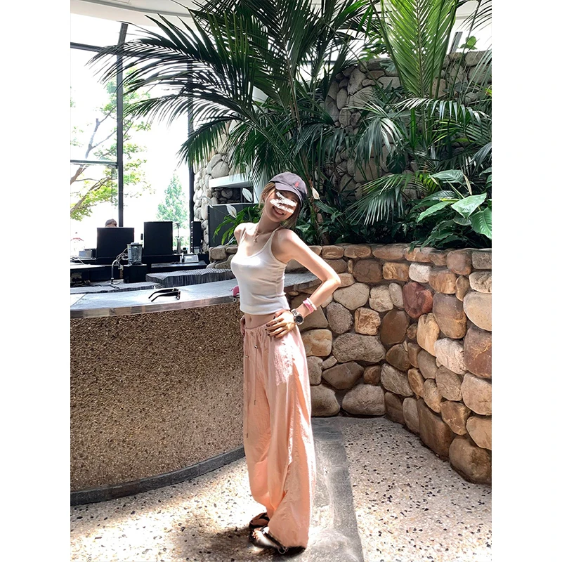 Moses Queen/魔西女王韩系粉色降落伞工装裤阔腿直筒休闲速干裤