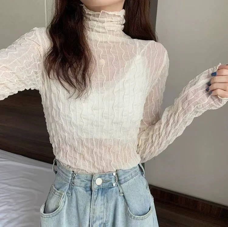 623005   新款韩显瘦微透堆堆领洋气内搭气质蕾丝衫女退差价