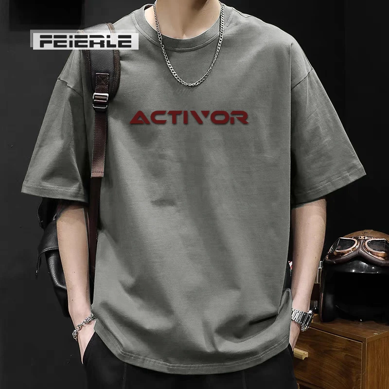 纯棉短袖t恤男宽松落肩百搭韩版休闲美式ins潮流硅胶圆领短袖-ACT