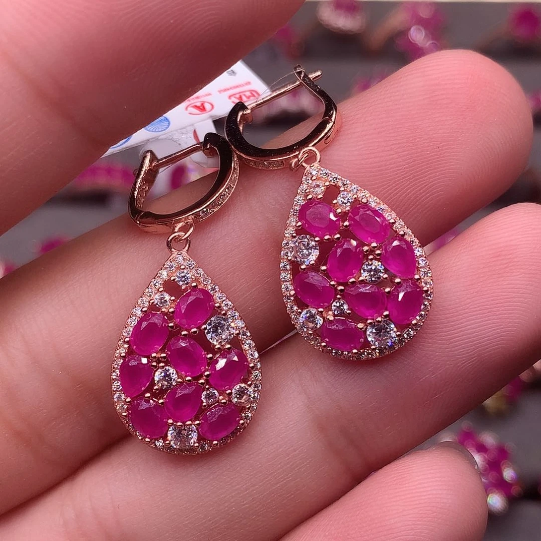 红宝石耳饰银S925镶嵌