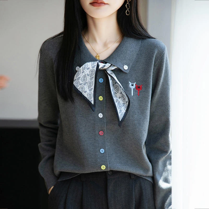 翻领外套2025秋装女上衣开衫毛衣洋气丝巾新款针织感高级带的秋冬