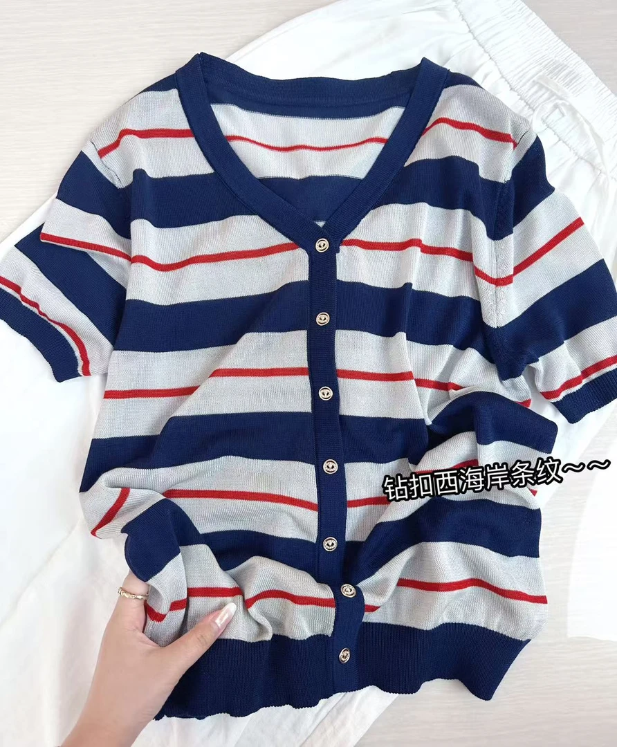 钻扣西海岸/100莱赛尔欧货条纹薄款冰感高级感短袖
