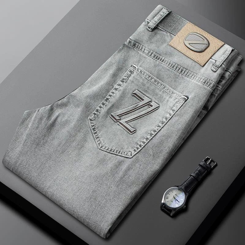 夏季薄款轻奢高端天丝石磨浅灰色牛仔裤男修身直筒弹力休闲长裤潮