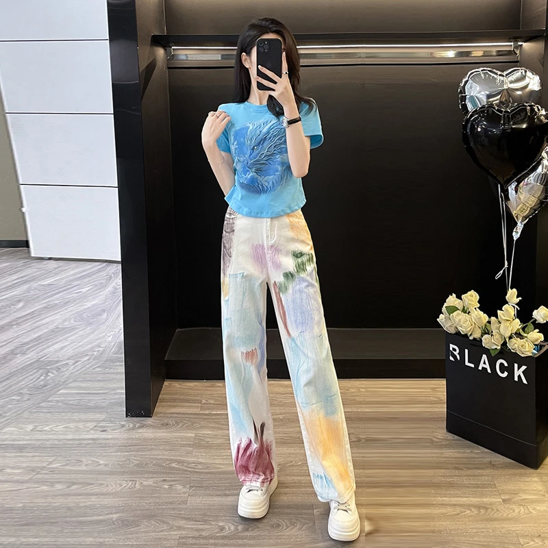 时髦套装女涂鸦阔腿牛仔裤夏季新款蓝色龙头印花圆领短袖两件套女