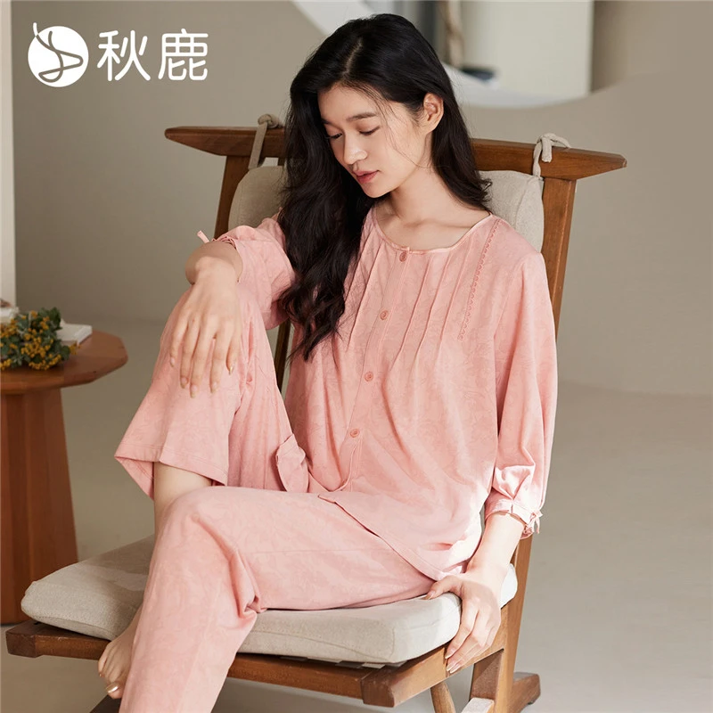 秋鹿针窿单面提花抗菌（栀子花）圆领七分袖长裤女套QHCP243D