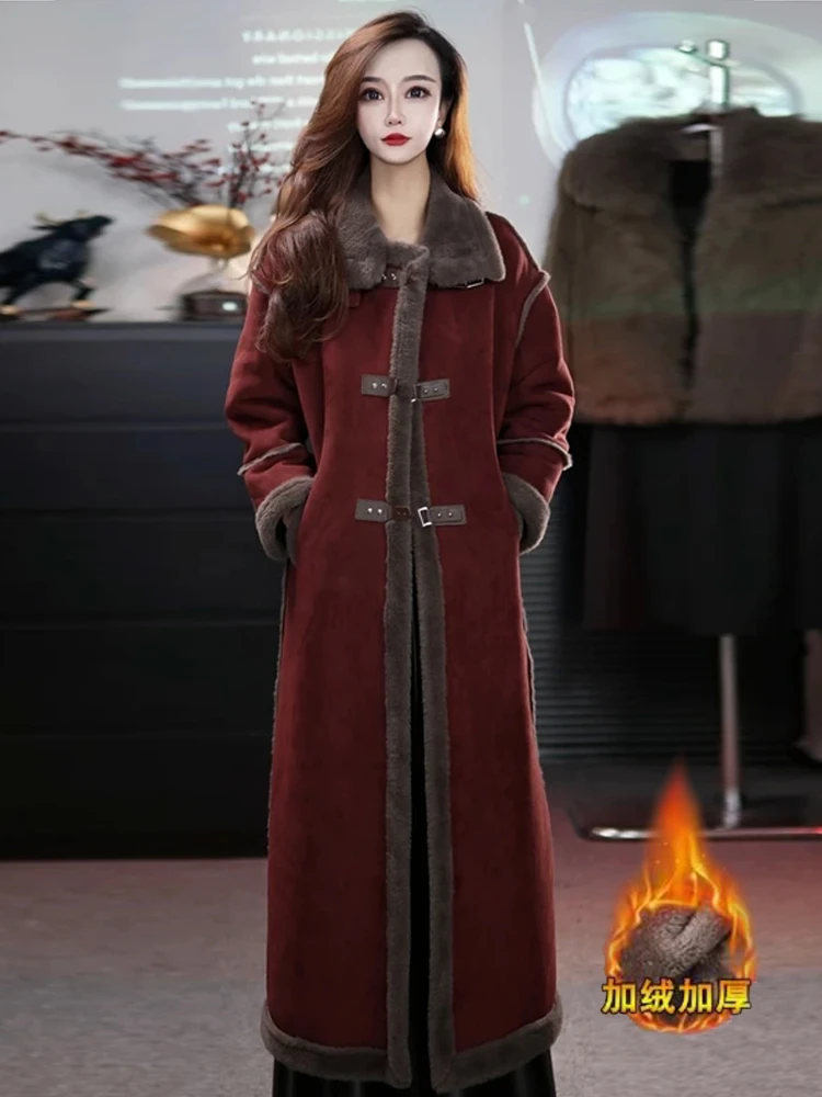 加绒加厚麂皮绒外套女2025冬季新款洋气显瘦皮毛一体长款气质大衣