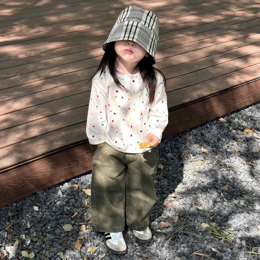 小思家2025秋季新款女童韩版休闲洋气百搭波点长袖T恤直筒裤套装