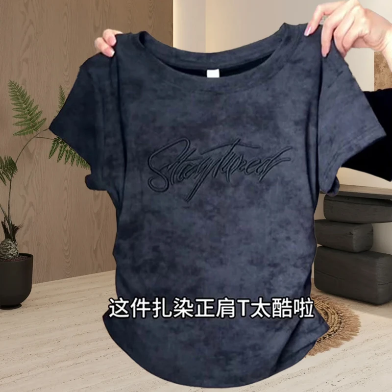 大码200斤褶皱设计感扎染正肩短袖t恤女夏季显瘦洋气上衣时尚休闲