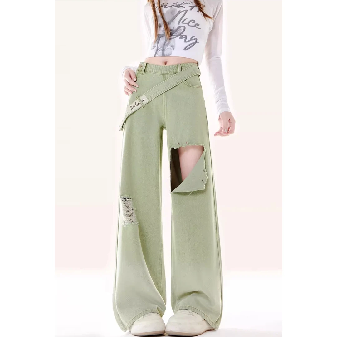 美式渐变绿色侧边拉链破洞牛仔裤女夏季新款设计感直筒宽松阔腿裤