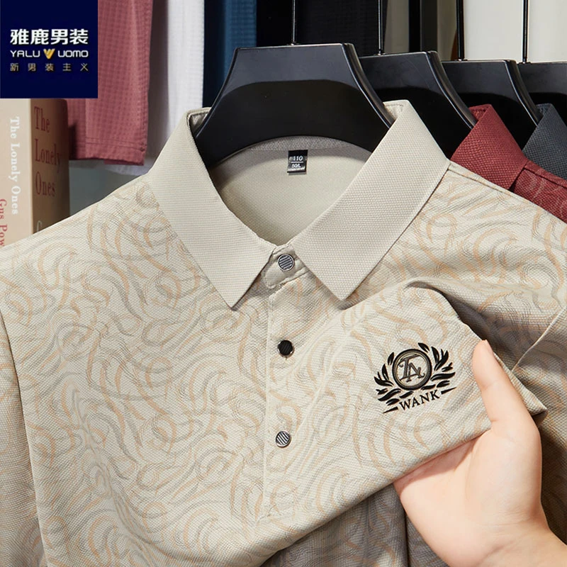 雅鹿男装夏季新款薄款宽松polo时尚提花短袖男印花POLO衫商务休闲