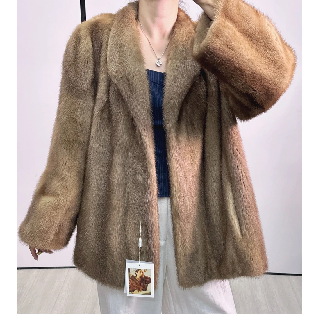 L46，2XL，蜜糖棕可立可翻领腋下A摆直筒袖水貂外套