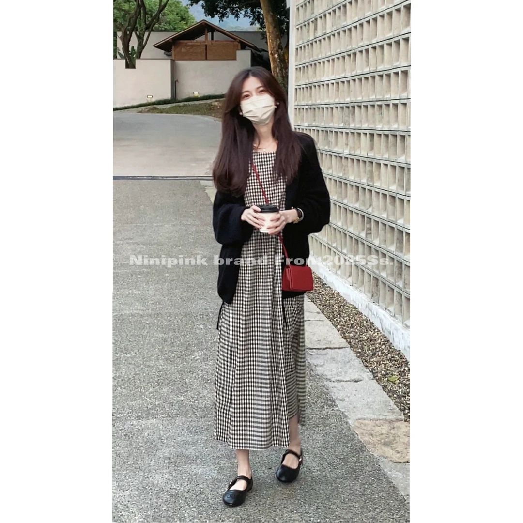 7764庄不腻春新款【日杂】格纹连衣裙复古高腰显瘦遮肉背心裙长裙