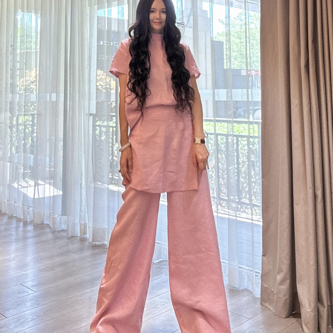 【周周家】私人设计师款定制休闲百搭夏季亚麻粉色套装