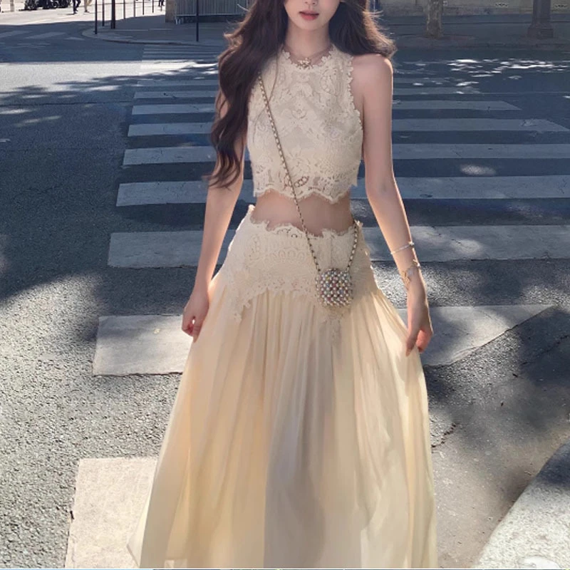 2025两件套卢浮幻境优雅甜美精致睫毛蕾丝上衣+长裙套装女显瘦