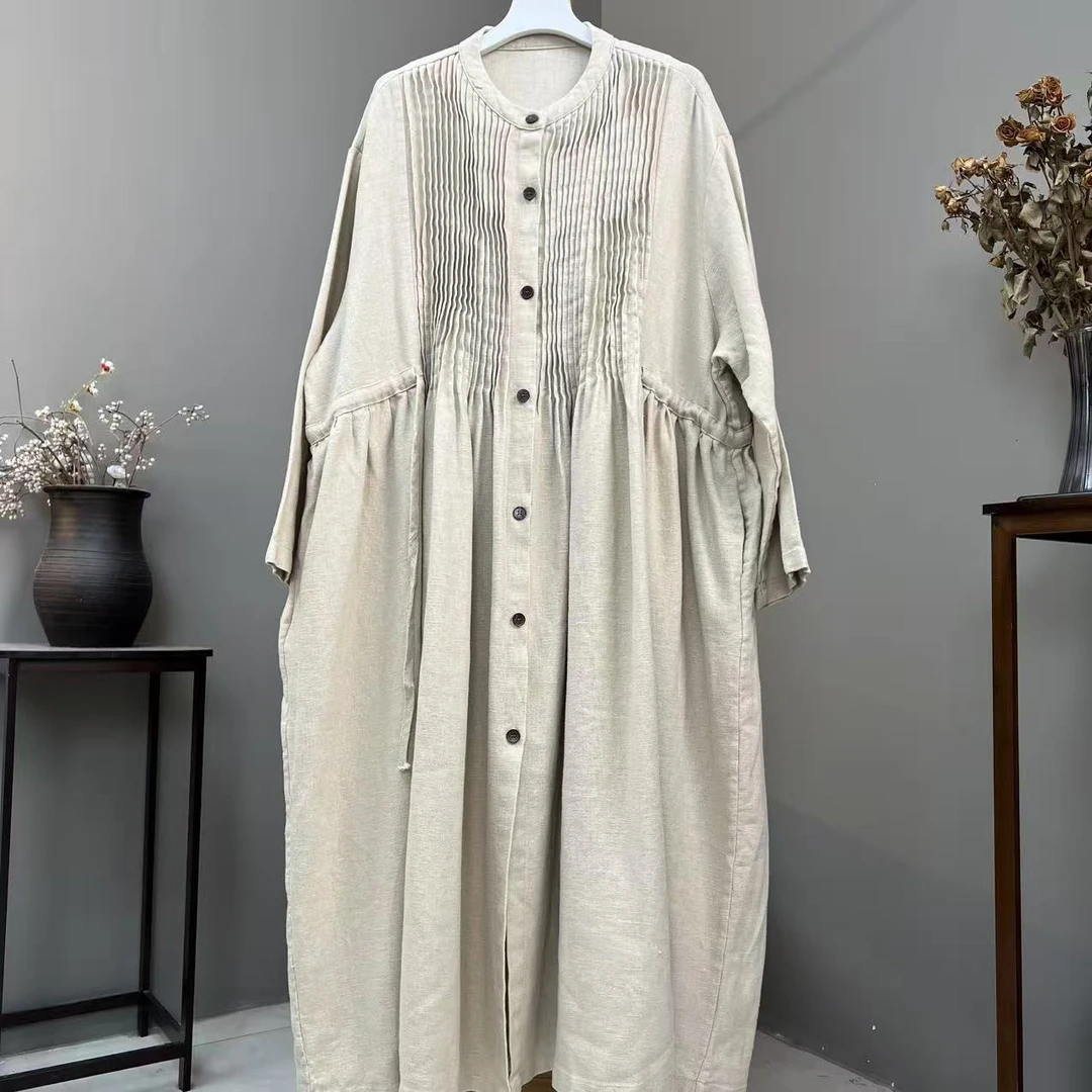 （轻舟）风衣长袍重工风琴褶雨露亚麻100麻（衣长122胸围150）