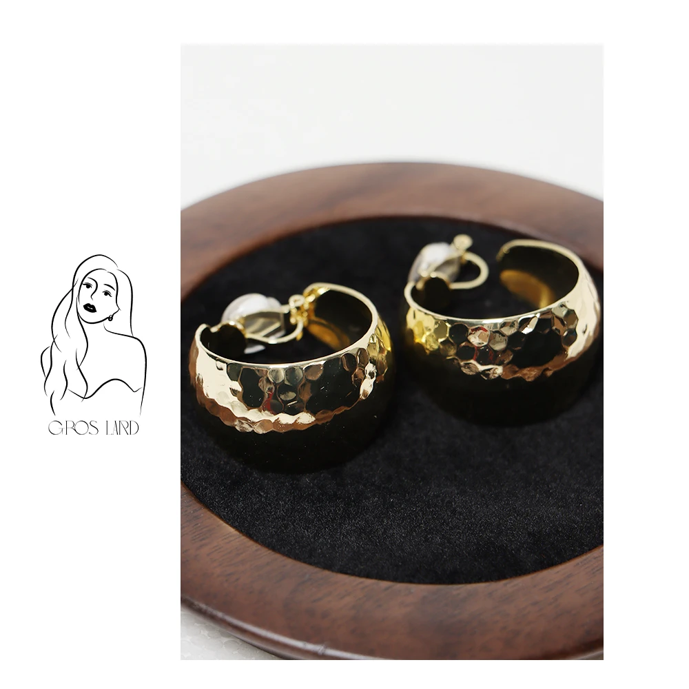 铜合金耳饰 多肉气质简约金色c形波光大耳圈圆圈耳钉耳夹DKES004