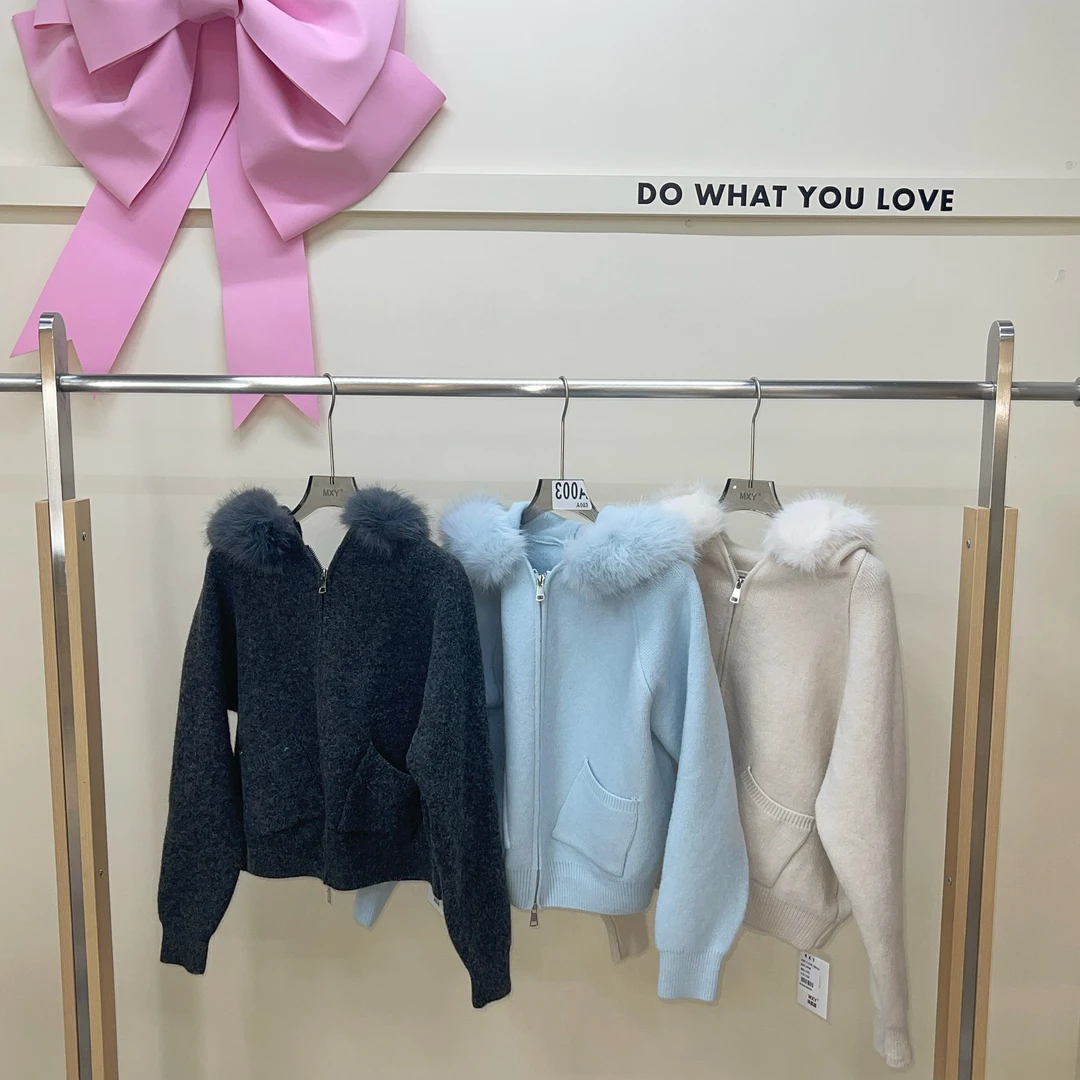 25838*韩系慵懒风毛领连帽拉链针织开衫外套春秋冬新款