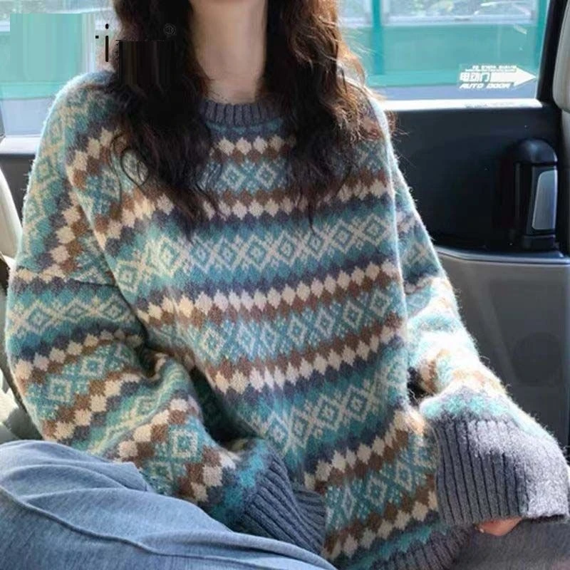 2025秋冬新款韩版宽松菱格毛衣女设计感小众针织衫复古休闲慵懒风