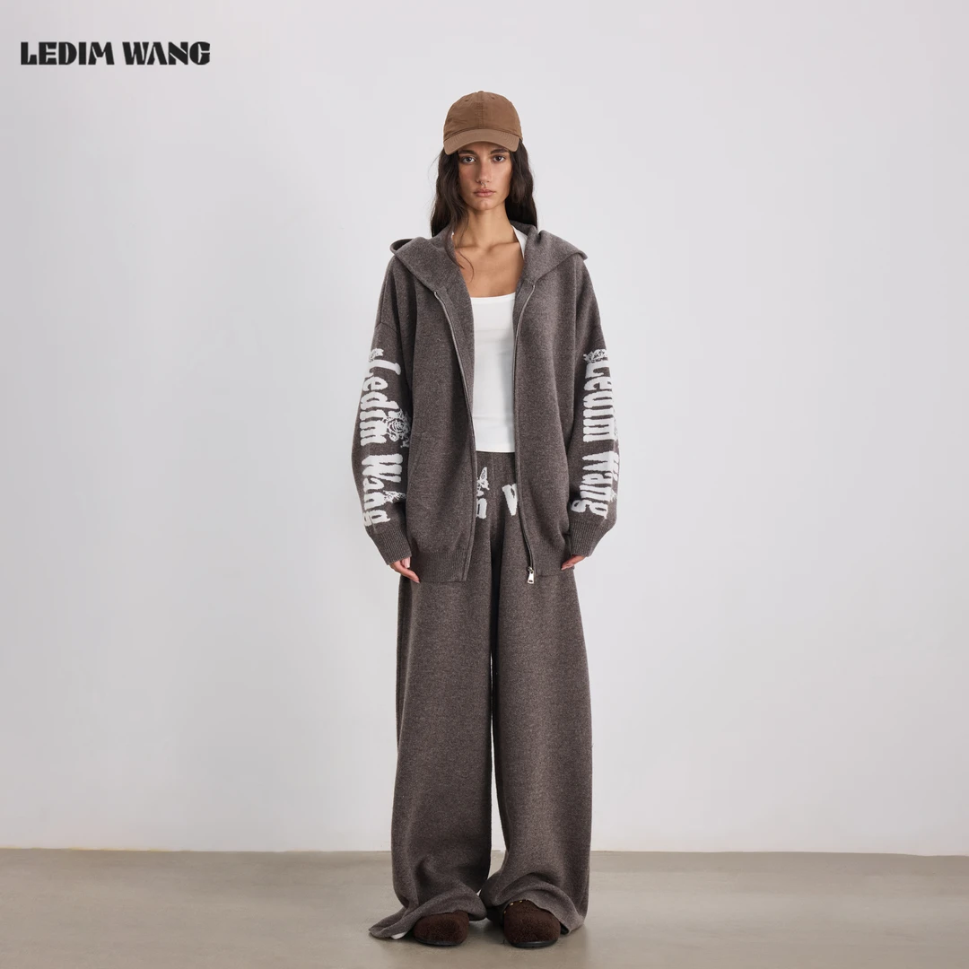 LEDIM WANG松紧腰提花针织阔腿裤/毛衣