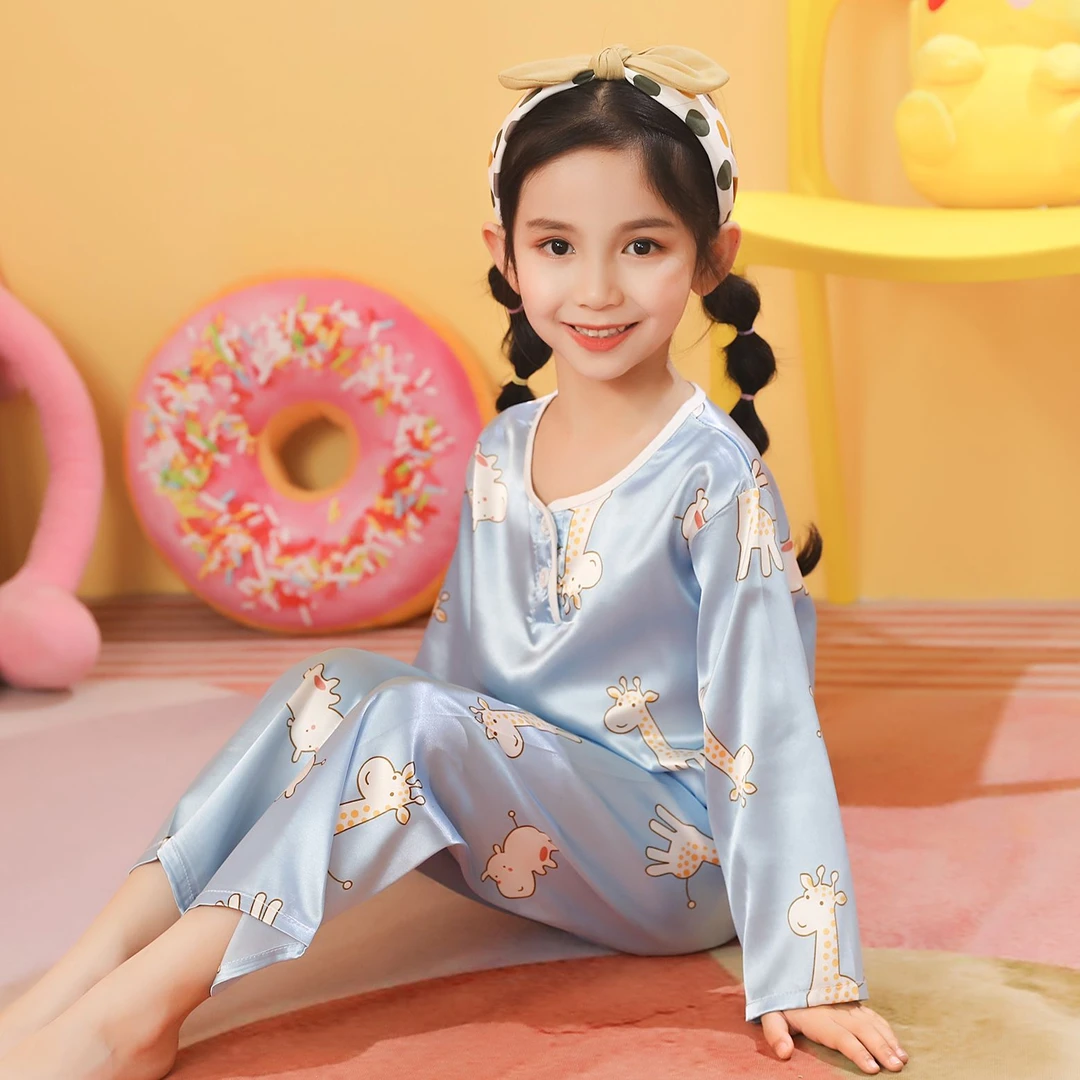 冰丝儿童家居服女童男童长袖夏季薄款睡衣套装小孩宝宝空调服套装