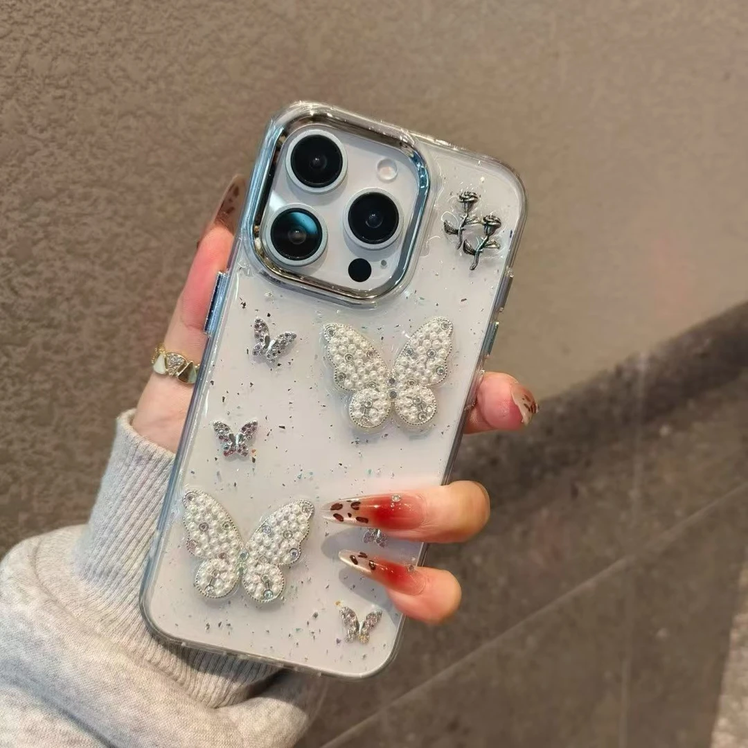 立体珍珠蝴蝶玫瑰花苹果16promax手机壳iPhone15新款14全包13女12