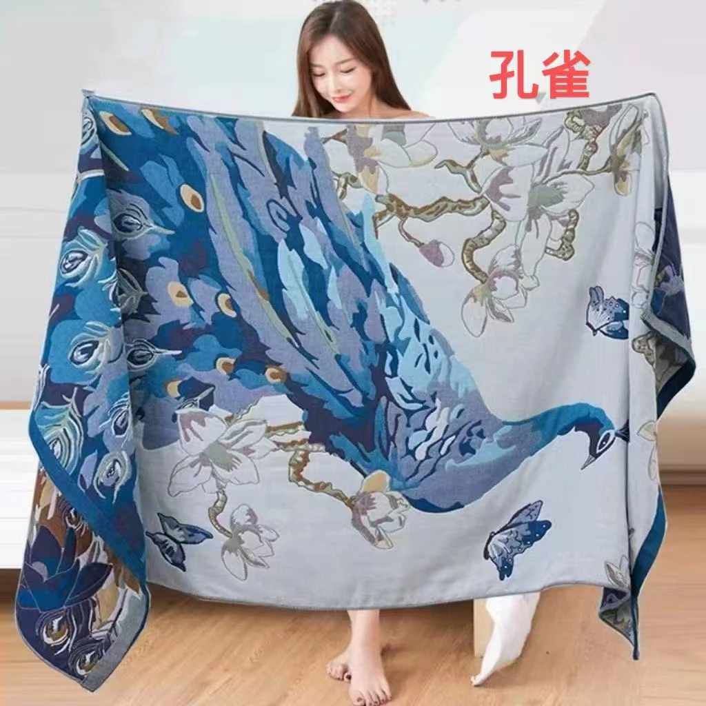 国潮风中式透气80*160纯棉多层纱布多功能浴巾盖毯好看