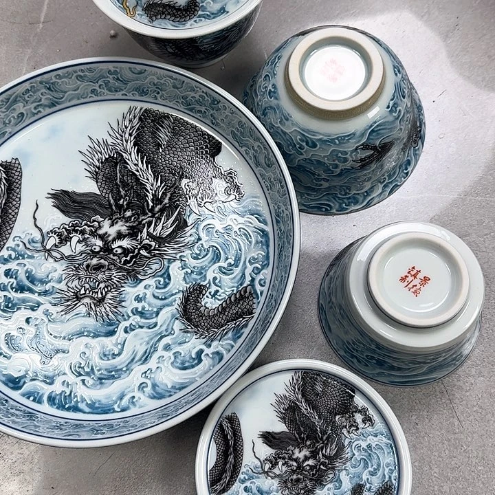 瓷片墨龙游海5件套景德镇