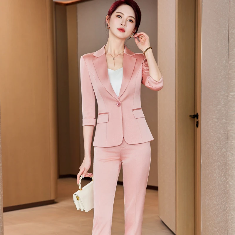粉色中袖西装套装女春夏季薄款2025新款高级感气质职业西服工作服