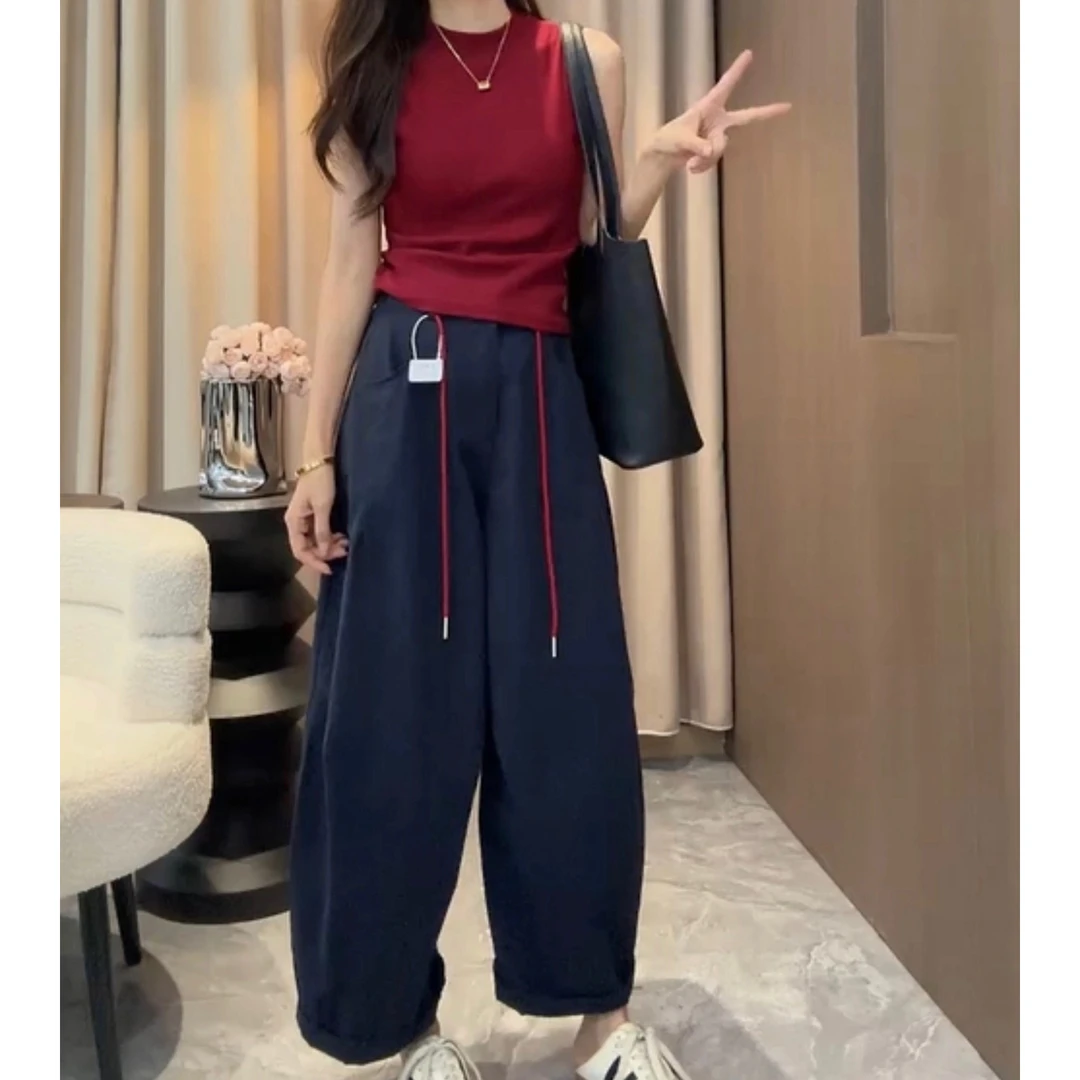 【婷婷家】小个子早秋新款纯棉红色抽绳设计感休闲裤#1262