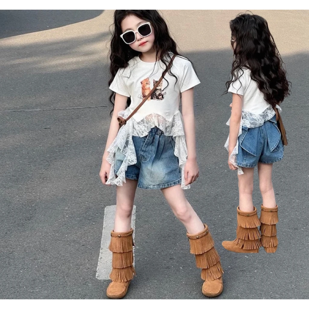 【现货速发】女童牛仔短裤夏季2025新款儿童蝴蝶结裤子韩版T恤网纱