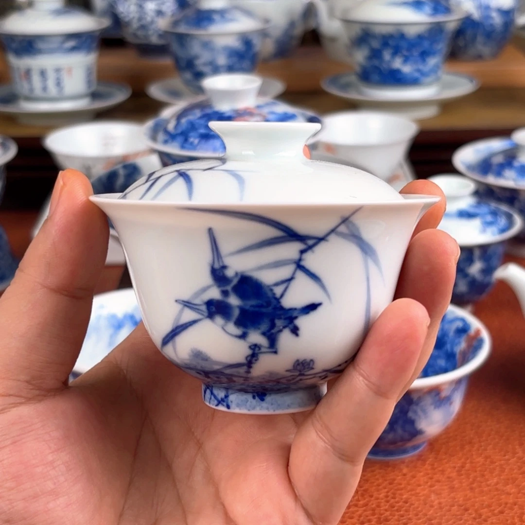 景雨工坊 景德镇纯手工手绘青花盖碗