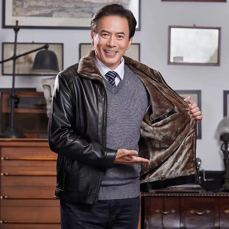 男士冬季皮毛一体男士商务皮衣中年休闲