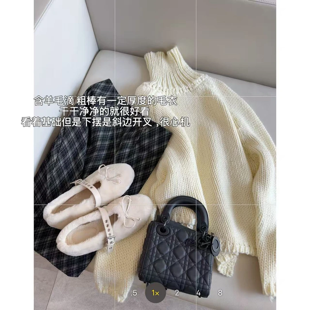 徐秋阳  高领奶油  羊毛针织毛衣不规则下摆自带慵懒毛衣44123