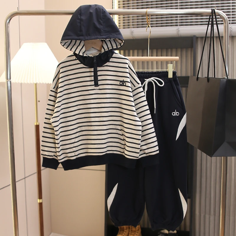 半拉链童装男童套装2025新款儿童春秋装条纹长袖两件套宽松帅气潮