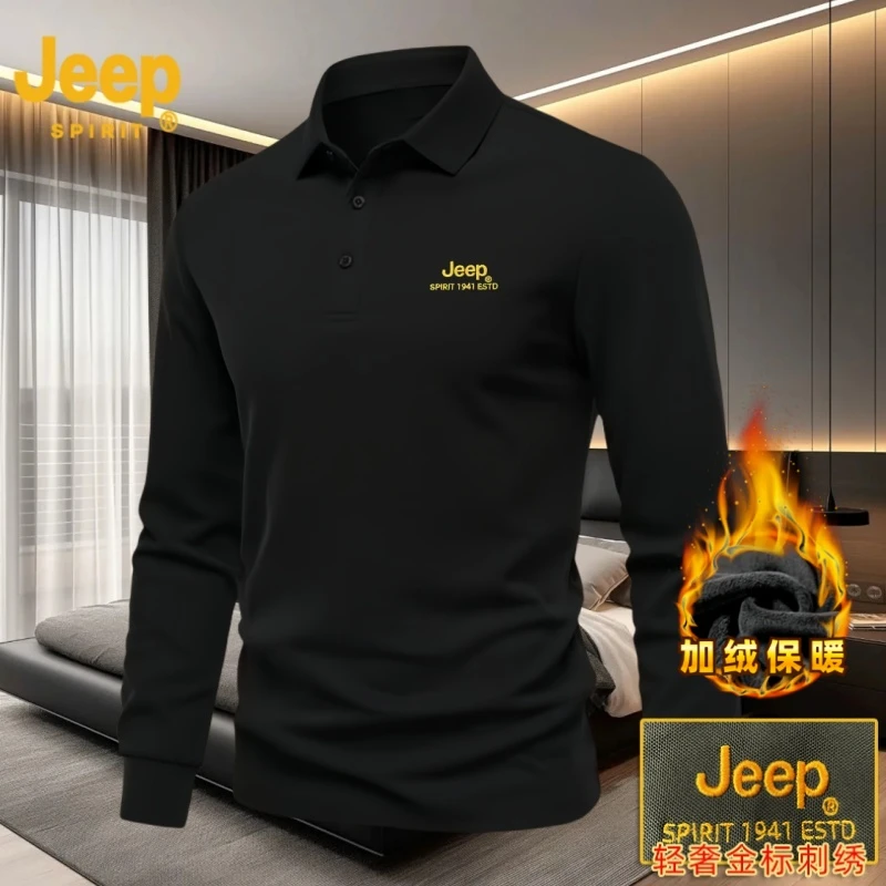 Jeep SPIRIT秋冬加绒保暖休闲运动时尚长袖修身T恤刺绣POLO衫男款