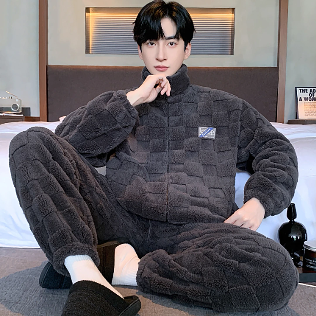 2025新款男士珊瑚绒冬季睡衣秋冬款拉链加厚加绒法兰绒家居服套装