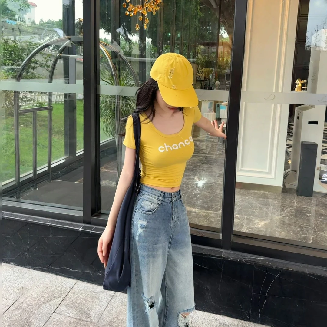 【6-8运补】夏季辣妹设计感印花正肩短袖T恤修身显瘦上衣+圆领白色