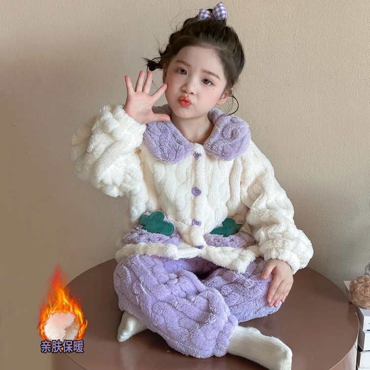 儿童睡衣珊瑚绒秋冬季加绒女孩宝宝洋气冬款加厚女童法兰绒家居服