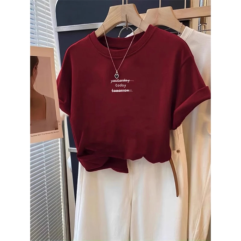 显白酒红印花字母纯棉短袖t恤女夏季新款宽松设计感小众情侣上衣