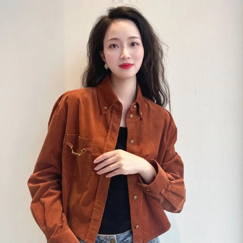 【商场同款】女装2025秋季复古港风时尚显瘦质感灯芯绒长袖衬衫外套