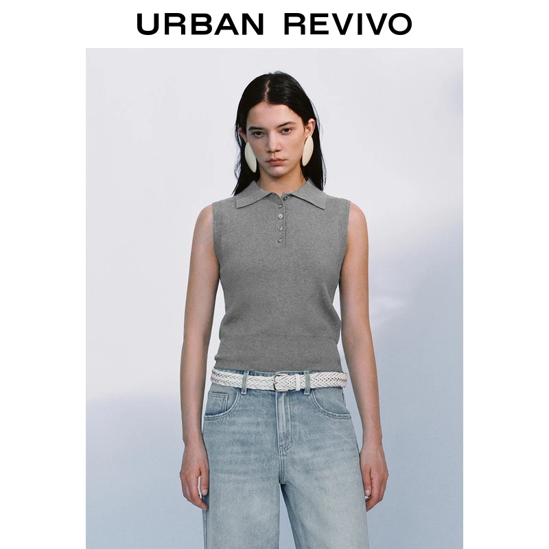 UR2025秋季新款女装格雷系纽扣短款翻领短袖针织衫UWM950087+