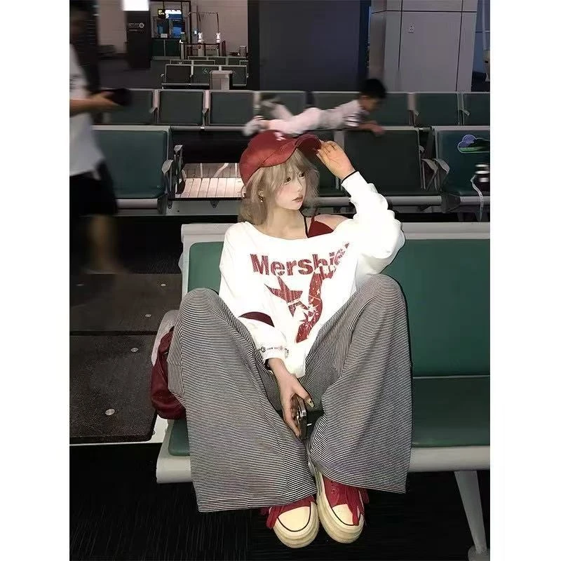 美式长袖斜领卫衣设计感潮流甜美时尚薄款印花冬季休闲宽松ins风