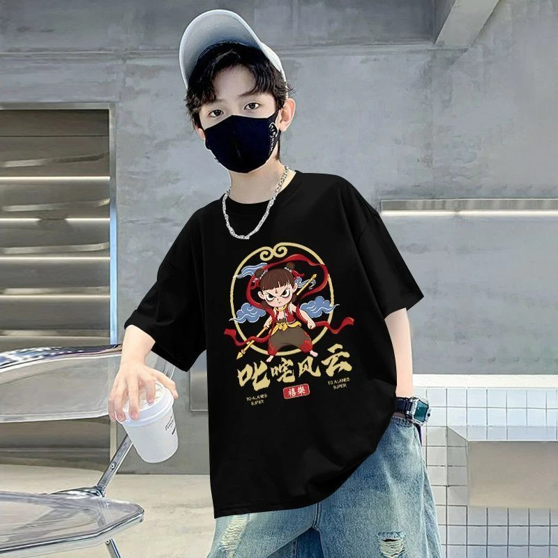 童装男童宽松夏季2025新款哪吒宝宝短t黑色t恤中大童儿童上衣洋气