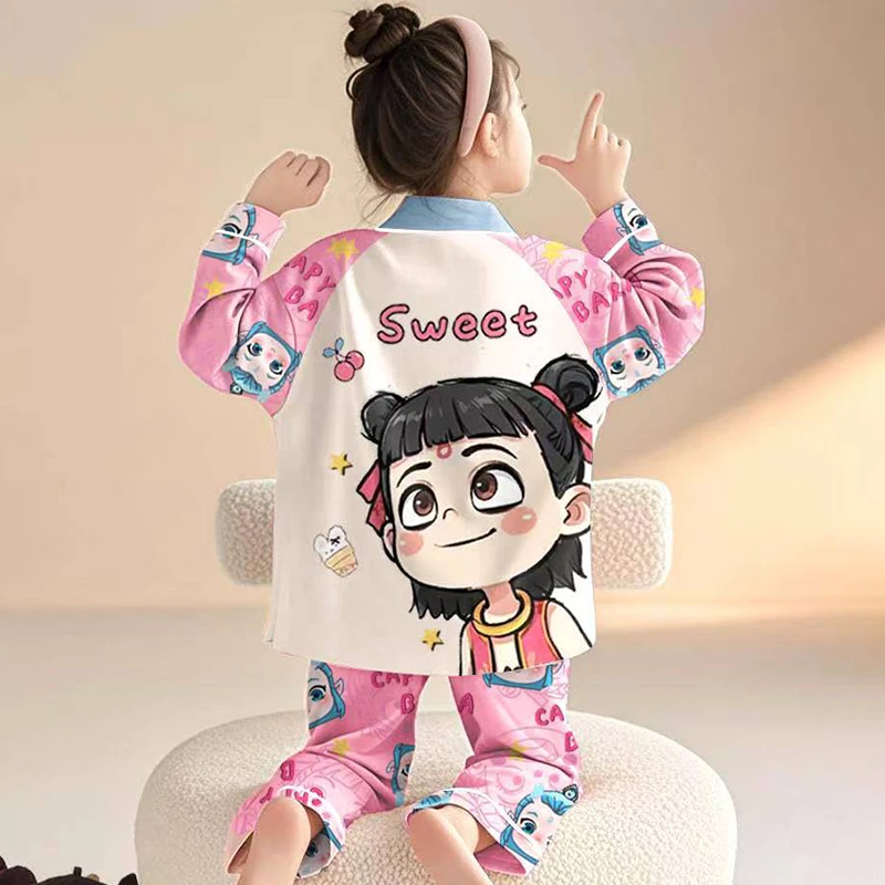 儿童睡衣女童夏季春秋款纯棉全棉小女孩中大童家居服哪吒2025新款