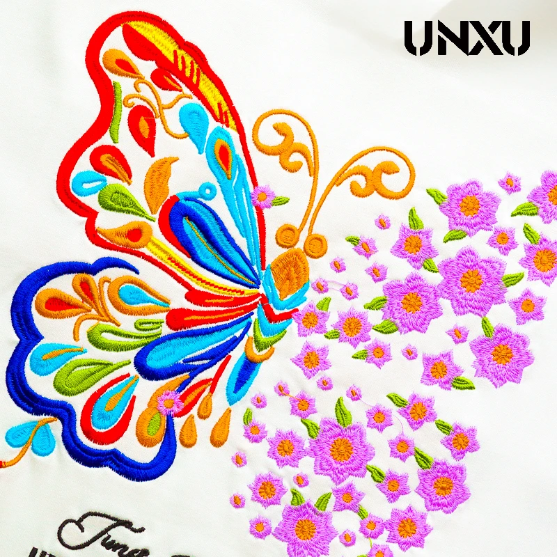UNXU国潮男女同款短袖t恤蝴蝶光变刺绣中国风圆领纯棉宽松上衣