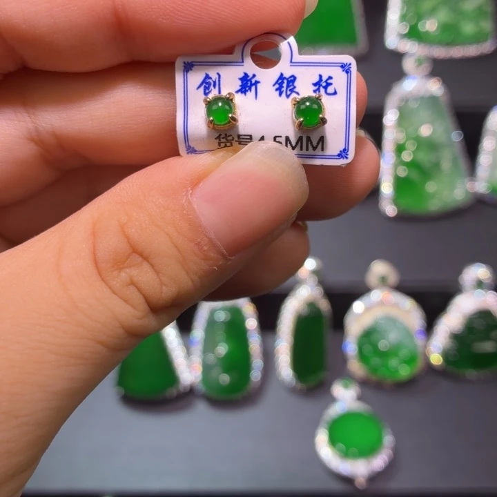 翡翠银S925镶嵌耳饰翡翠蛋面耳饰s925银镶嵌